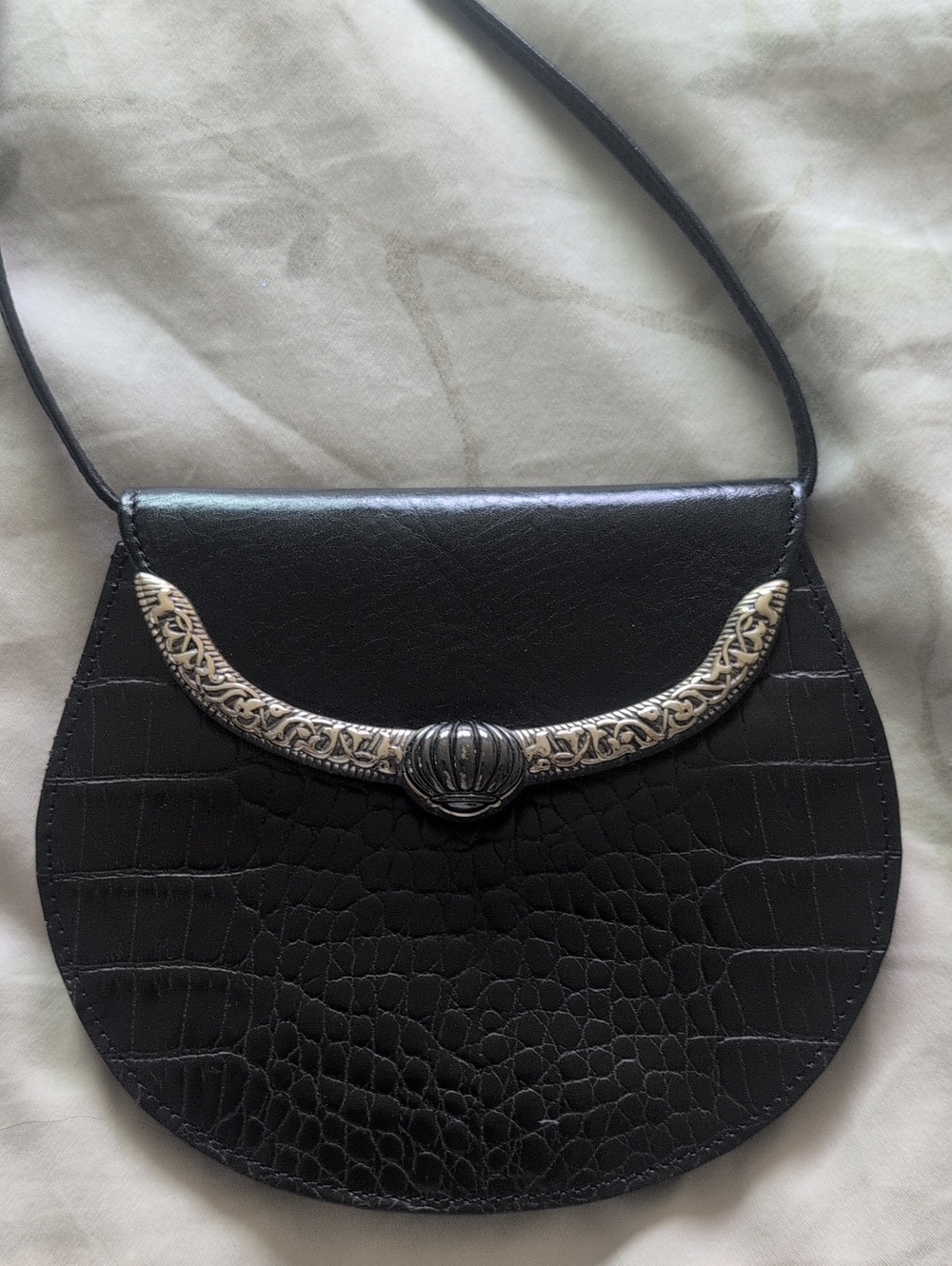Vintage Brighton Black Croc-Texture Shoulder Bag with Silver Accent
